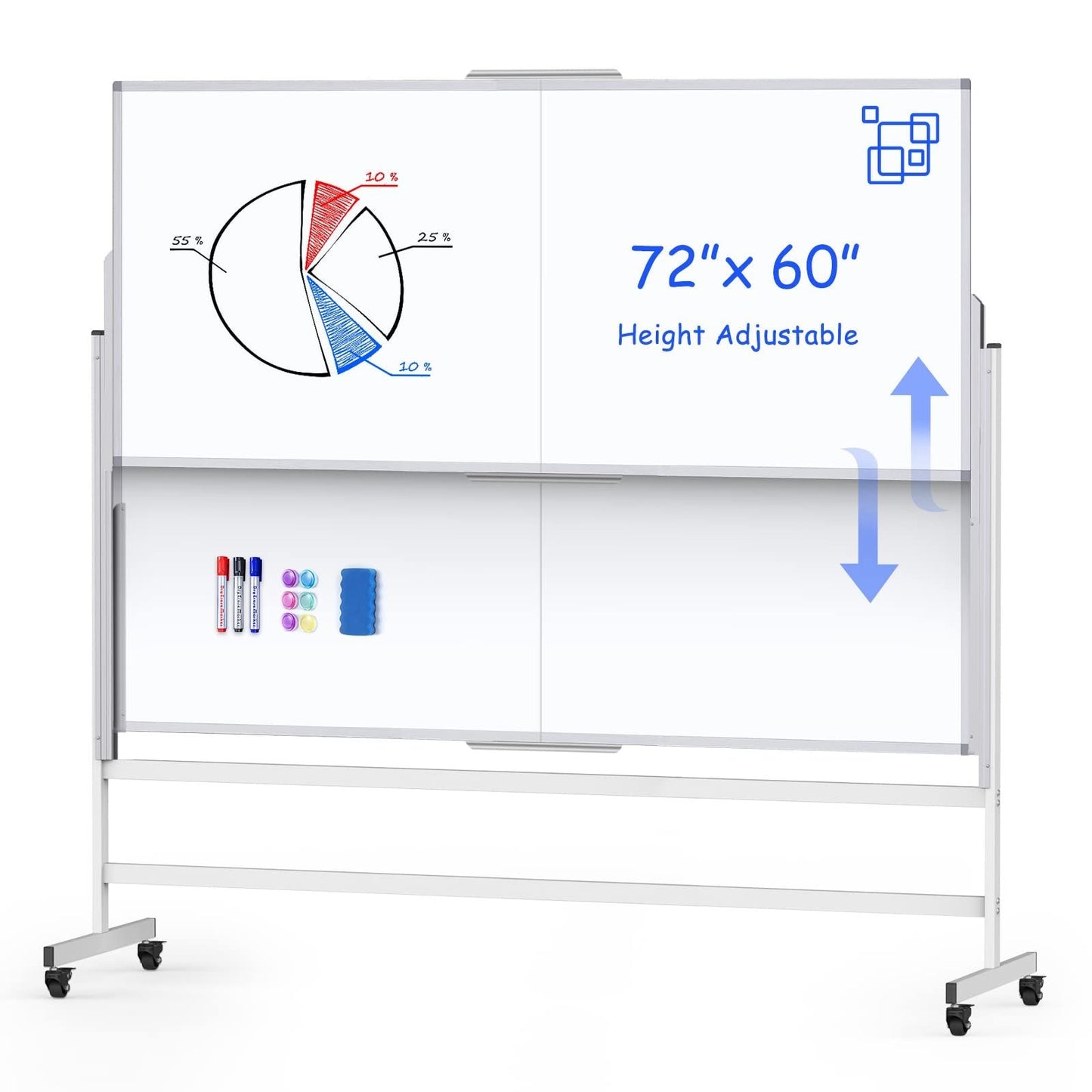 Maxtek  Large 72x60 Inch Magnetic Dry Erase Whiteboard on Wheels Height Adjustable Standing Easel White Board Mobile Rolling Whiteboard for Office Classroom and Home Teaching Supplies