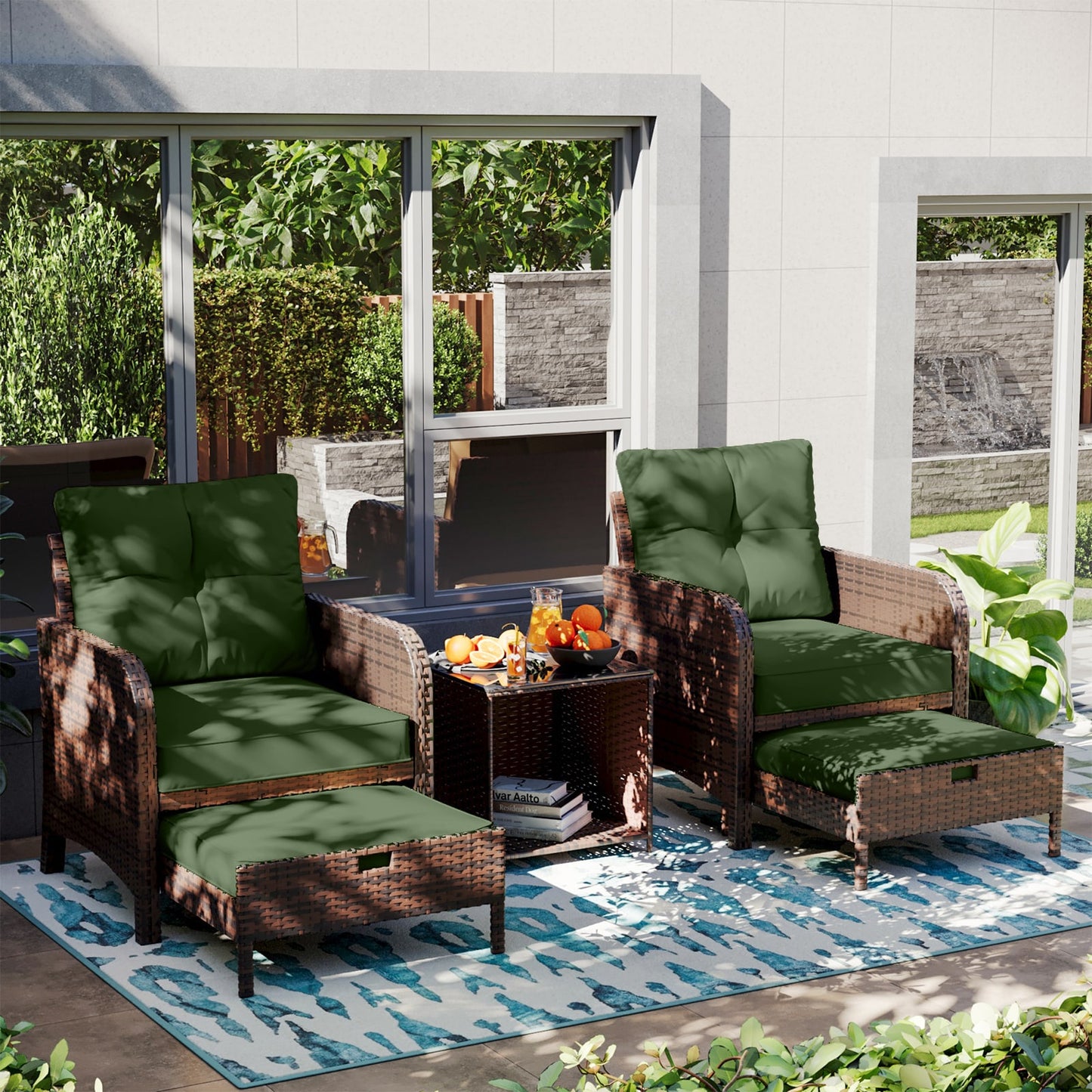 Patio Watcher Patio Watcher 5 -Piece Rattan Patio Conversation Set with Green Cushions