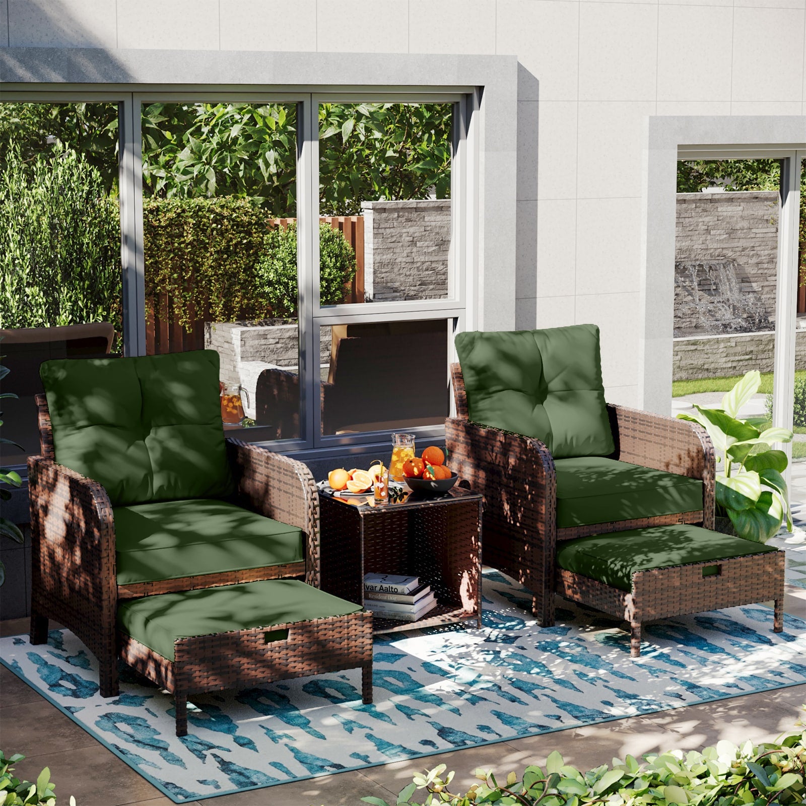 Patio Watcher Patio Watcher 5 -Piece Rattan Patio Conversation Set with Green Cushions
