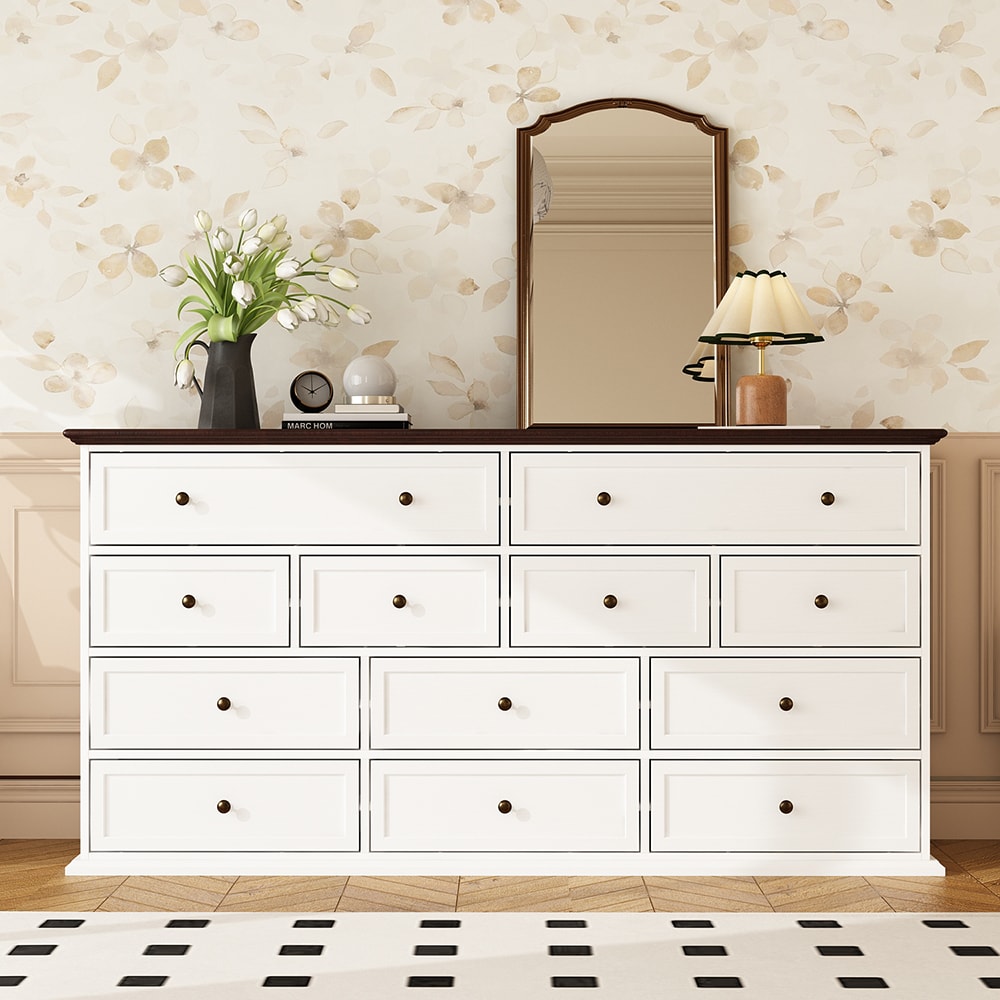 Famapy  White 12-Drawer Storage Dresser Chest with Painted Surface Brown Top Antique Bronze Metal Handles Organizer for Bedroom 61''L x 15.7''W x 31.5''H