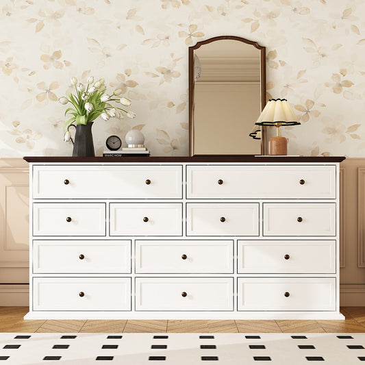 Famapy  White 12-Drawer Storage Dresser Chest with Painted Surface Brown Top Antique Bronze Metal Handles Organizer for Bedroom 61''L x 15.7''W x 31.5''H