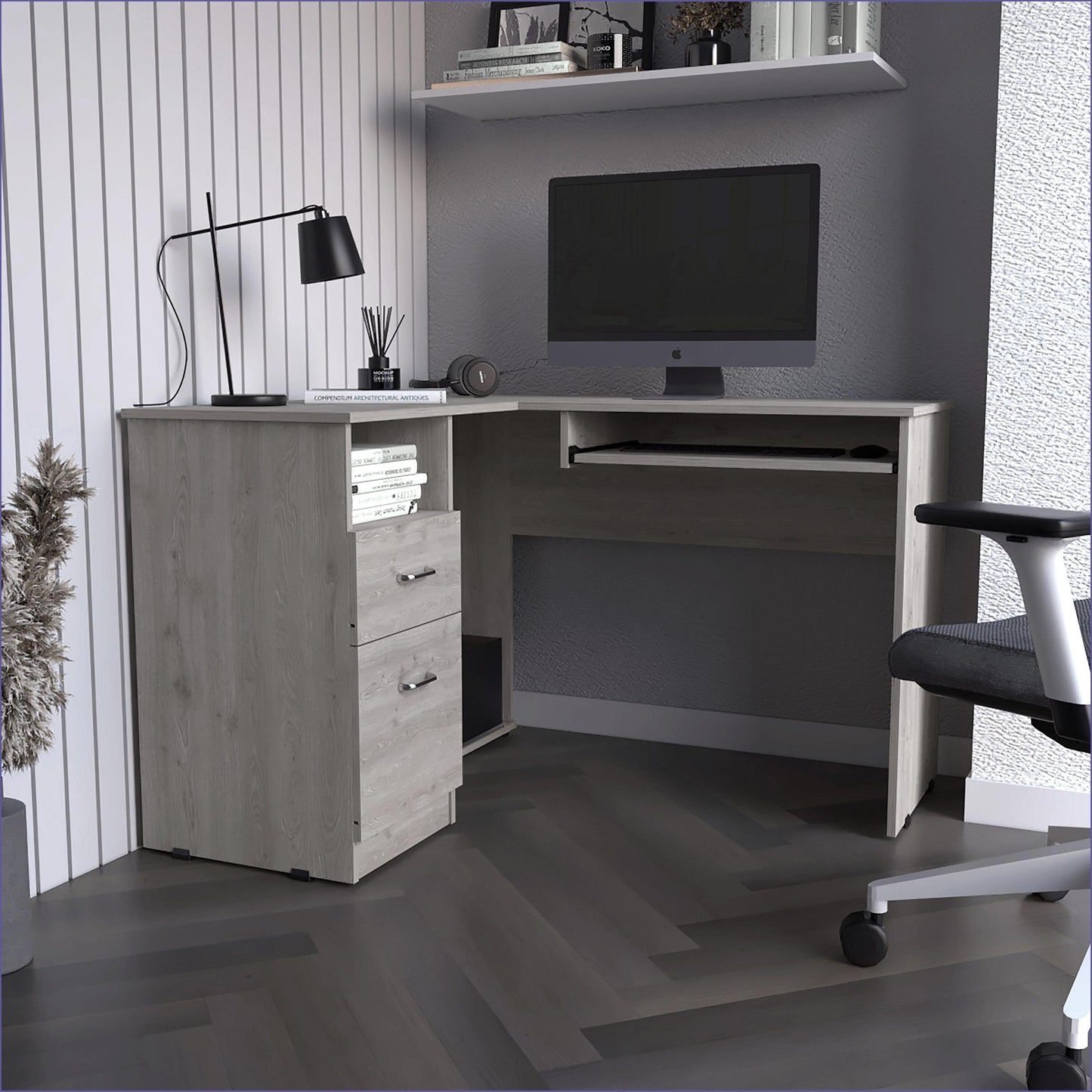 SunJet Desks LShaped with Keyboard Shelf  Spacious Surface Light Gray  Particle Board
