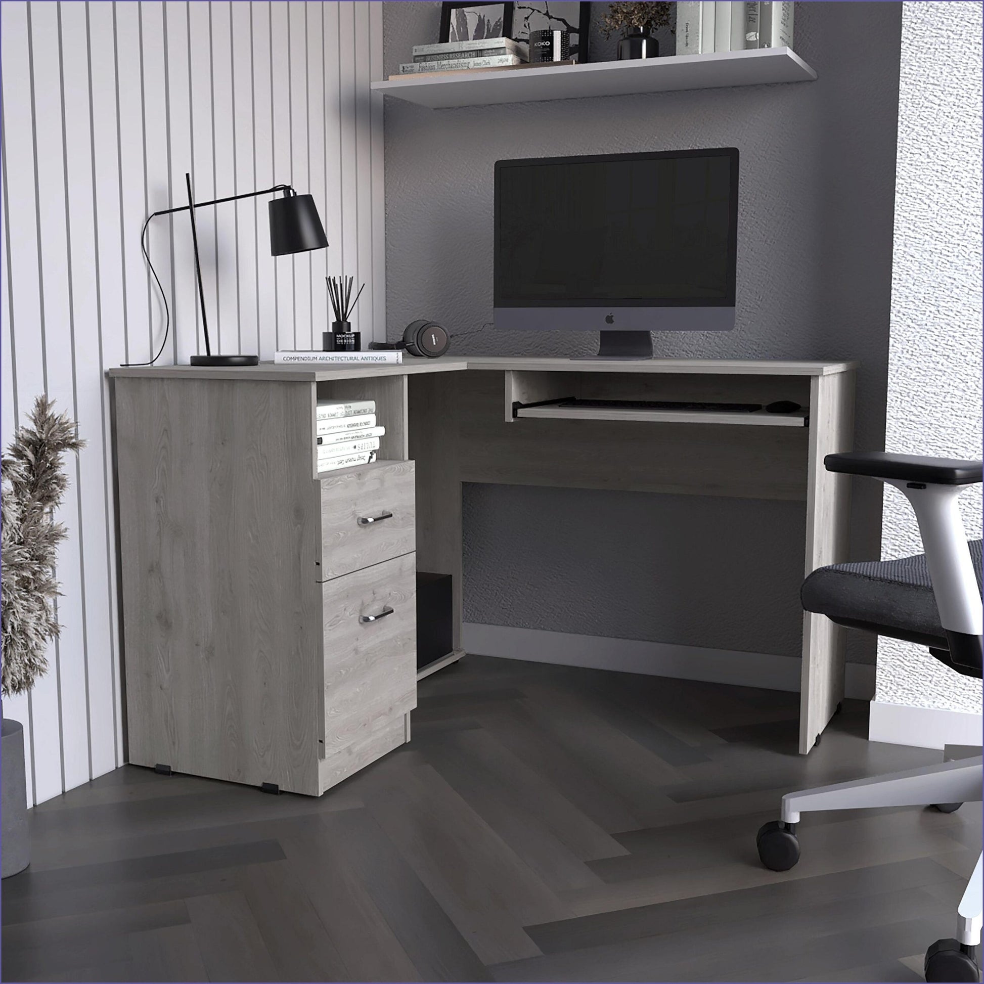 SunJet Desks LShaped with Keyboard Shelf  Spacious Surface Light Gray  Particle Board
