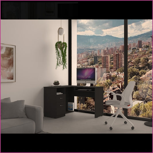 SunJet Desks LShaped with Left Return Retractable Keyboard Tray 2 Drawers  Open Shelf  Black  Particle Board