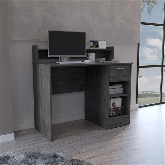 SunJet Computer Desk with Open Shelf 1 Drawer  2 Storage Shelves Smokey Oak  Particle Board  Gray