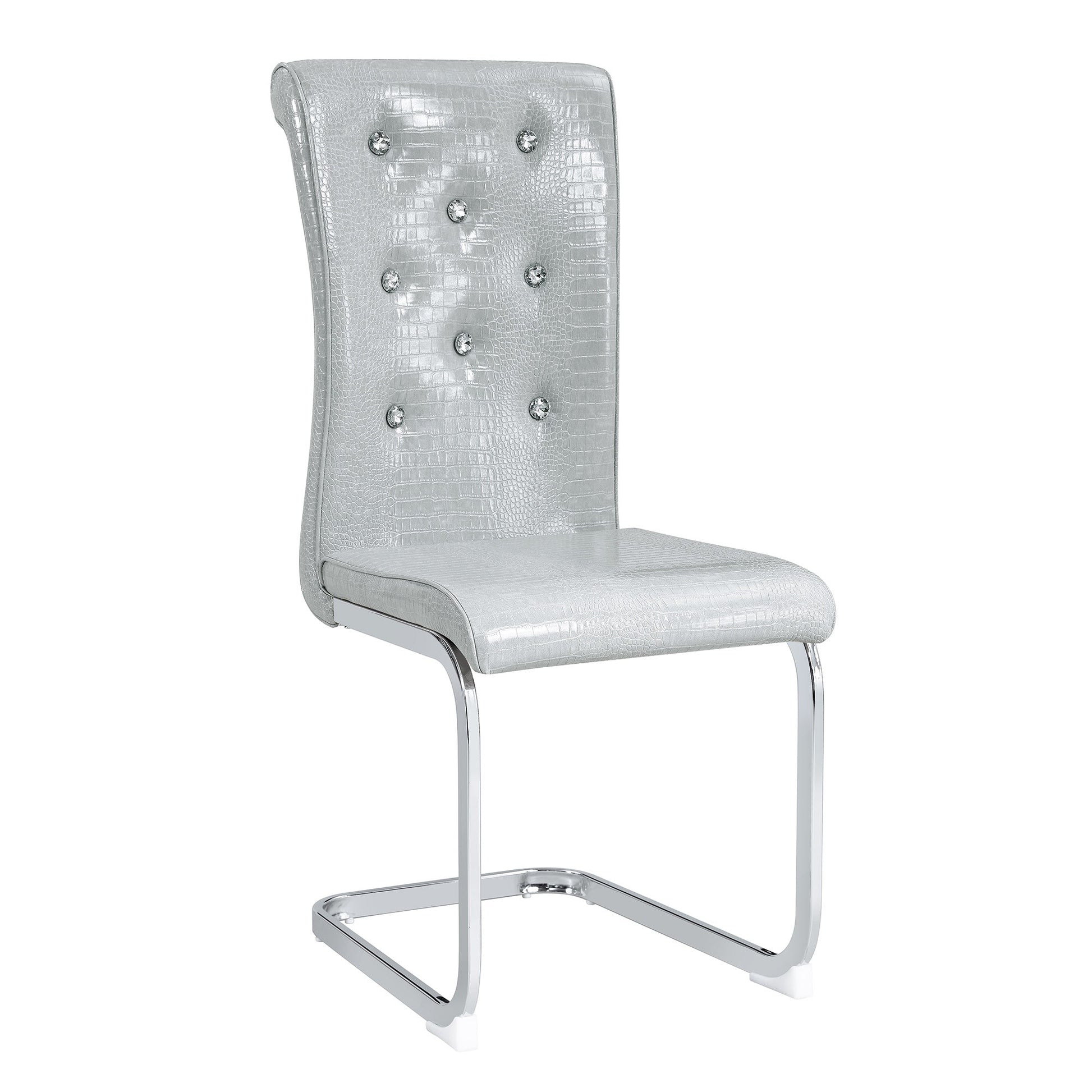 REIBII Set of 4 Gray Retro Alligator Skin Upholstered Dining Chairs with Crystal Buckle Design and Electroplated Bow Legs