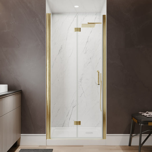 AAZJ HS Bifold Shower Doors Brushed Gold 34-in to 35-1/2-in W x 72-in H Semi-frameless Clear Glass Bifold Shower door