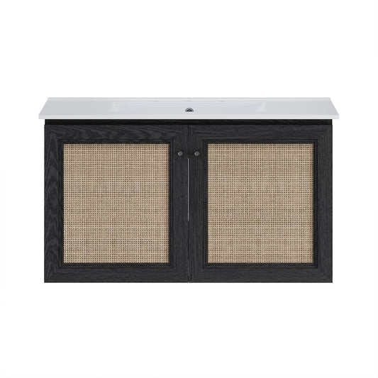 Swiss Madison 36 WallMounted Bathroom Vanity Black Oak Widespread Faucet Holes Vanity Top