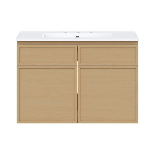 Swiss Madison 30 WallMounted Bathroom Vanity in Natural Oak with 3Hole Widespread Sink Top