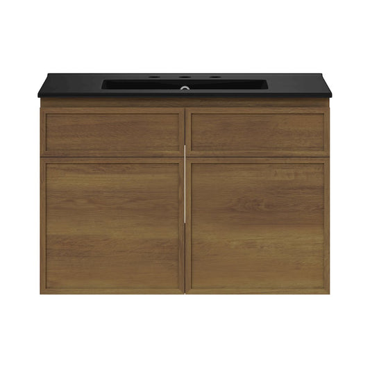 Swiss Madison 30 WallMounted Bathroom Vanity in Brown Oak Black 3Hole Widespread Sink Top