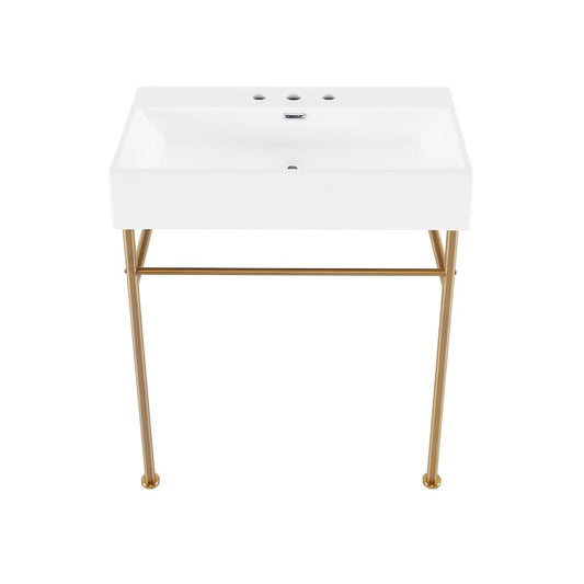 Swiss Madison Claire 30 Console Sink White Basin Brushed Gold Legs with 8 Widespread Holes
