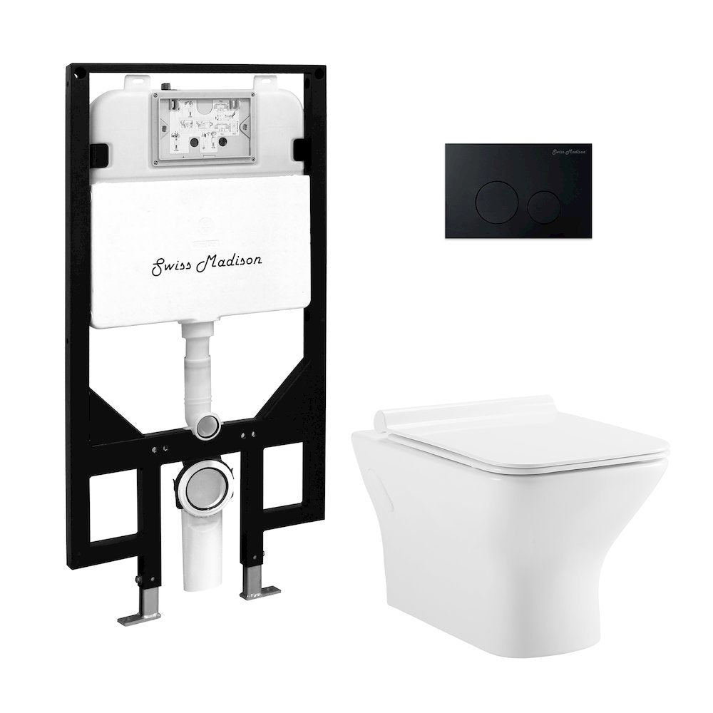 Swiss Madison Wall Hung Toilet Bundle 08 16 GPF Dual Flush  Glossy White  Black Flush Plate