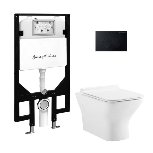 Swiss Madison Wall Hung Toilet Bundle 08 16 GPF Dual Flush  Glossy White  Black Flush Plate