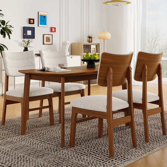 LOVMOR Farmhouse Dining Table Set for 4 Wood Kitchen Table and 4 Upholstered Chairs with Sturdy Rubber Wood Frame Padded Seat Curved Backrest Space-Saving Dinette Set for Dining Room Brown Biege