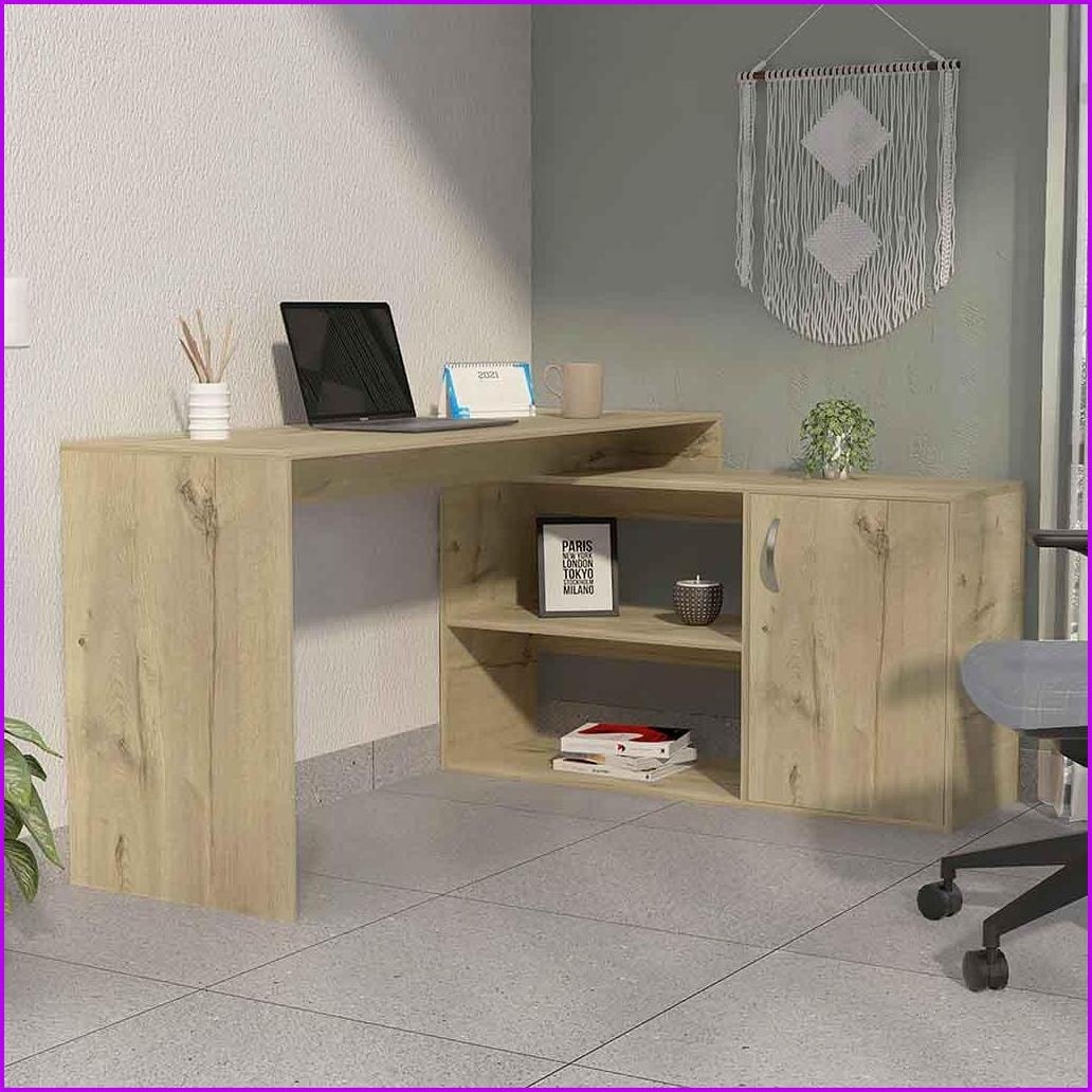 SunJet Desks Dallas L Shaped Home Office Desk with Shelves and Cabinet Light Oak Particle Board