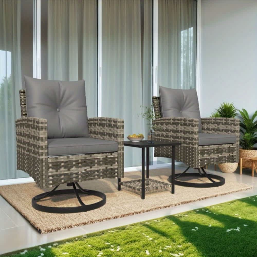 U-HOMY 3 Piece All-Weather PE Rattan Swivel Rocker Set with Rotation and Steel Frame-Gray
