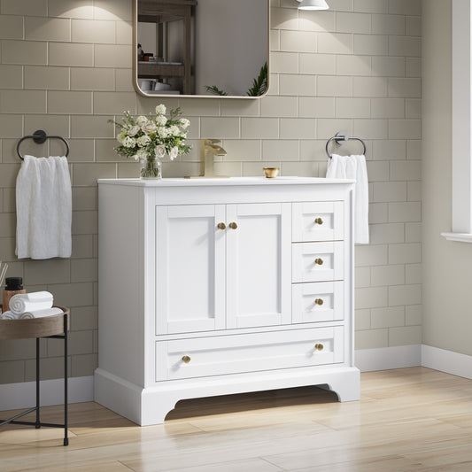 Forclover Solid Wood 36-in White Undermount Single Sink Bathroom Vanity with White Ceramic Top