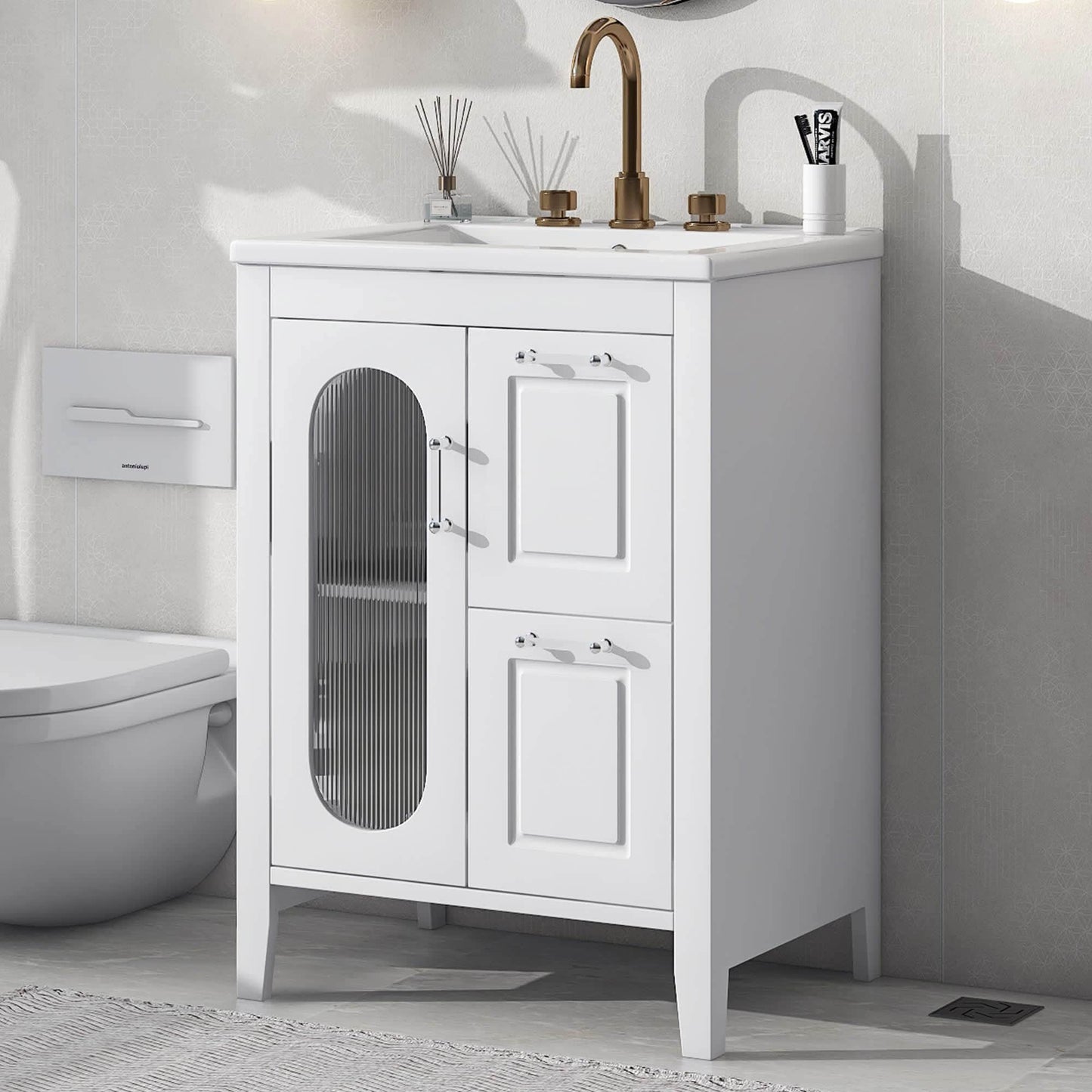 JCFL 24in White Bathroom Vanity Cabinet with Sink and Adjustable Shelf