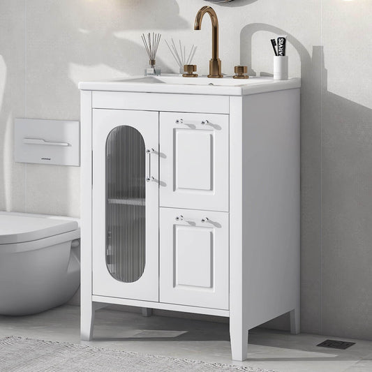 JCFL 24in White Bathroom Vanity Cabinet with Sink and Adjustable Shelf