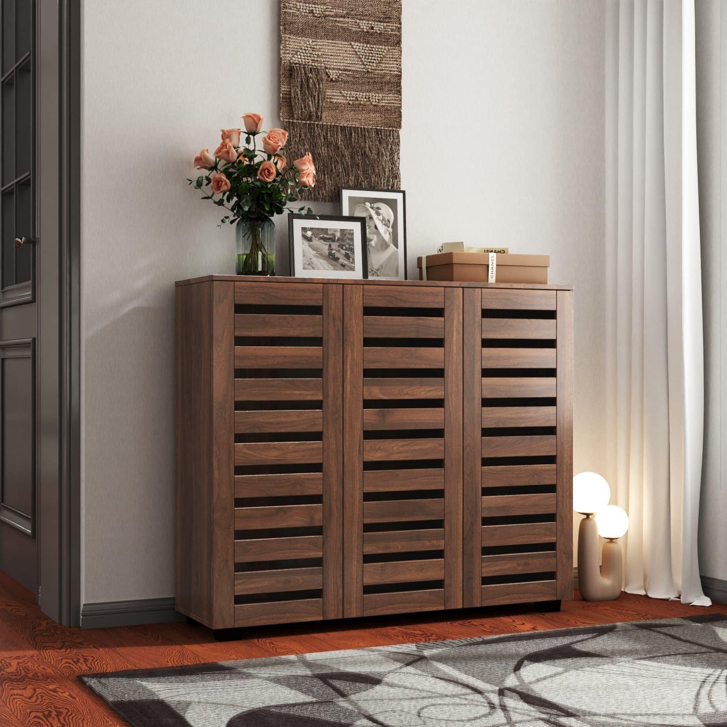 Runesay 38.66-in H 4 Tier 20 pair Walnut MDF Shoe cabinet