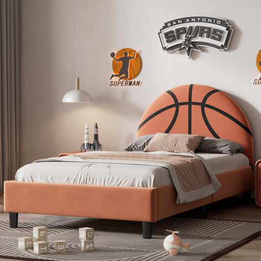 Christopher Knight Home Sport Style Basketball Design Upholstered Twin Platform Bed with No Box Spring Needed and Low Profile Frame Orange