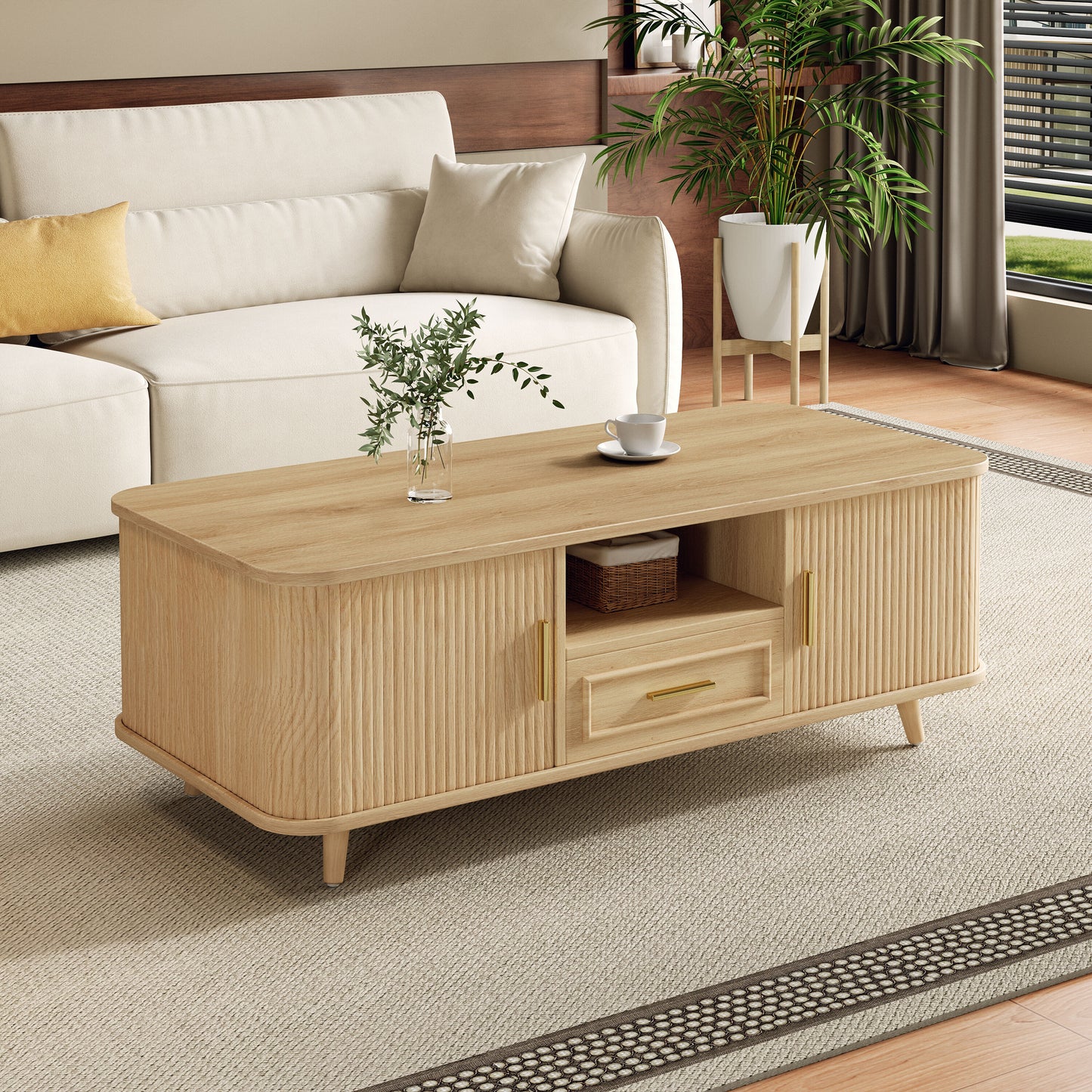 Christopher Knight Home Beck Scott Living Nova Modern Wood Multi Storage Coffee Table with Tambour Doors and Hidden Compartments Natural