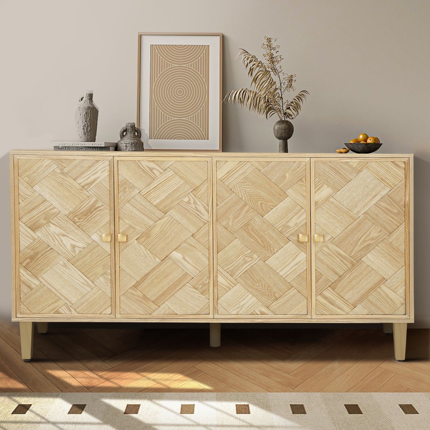 Christopher Knight Home Graham Modern 59.8 Inch Wide Wood Storage Sideboard with Solid Wood Legs and Adjustable Shelving Natural