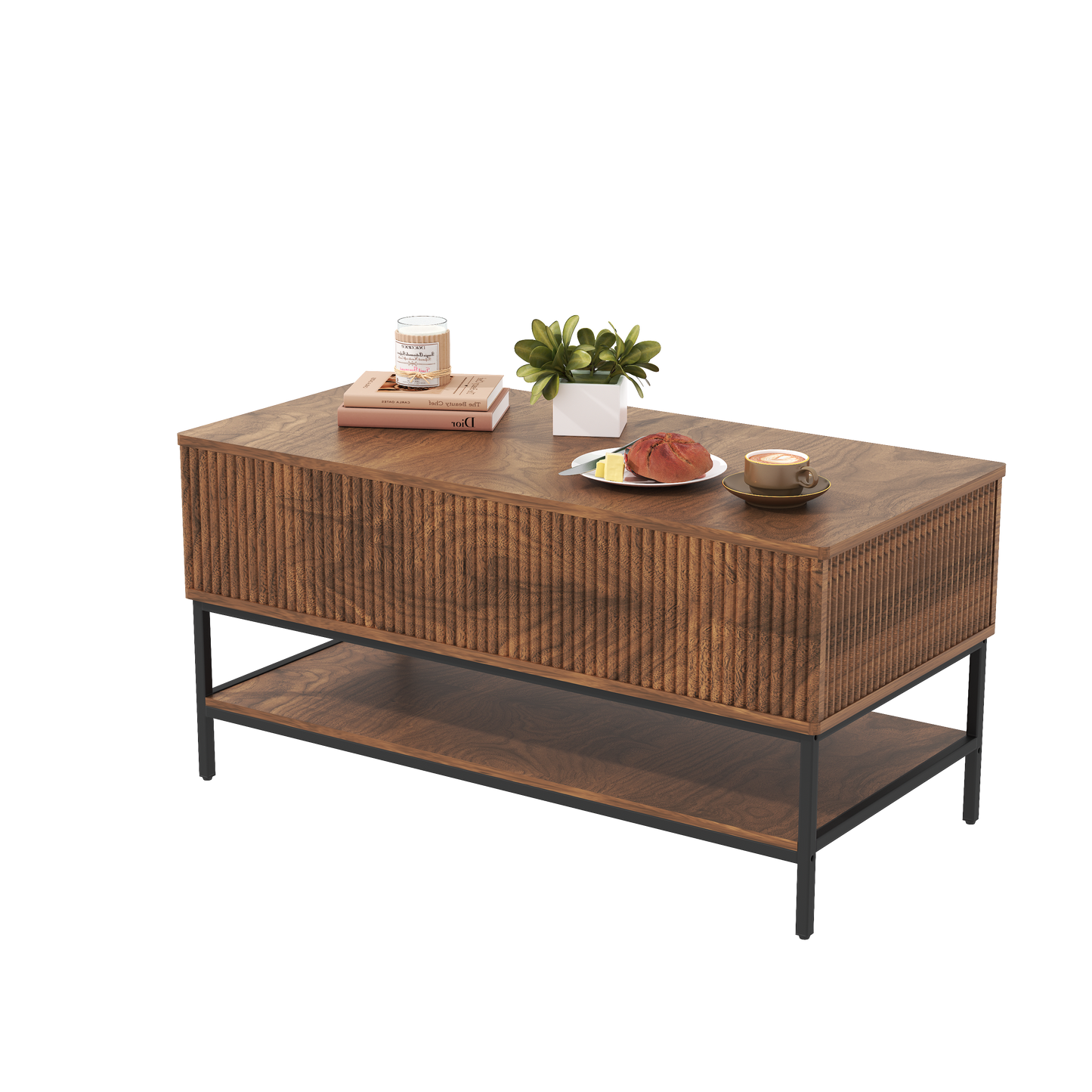Vynxaria  40 Inch Lift Top Rectangle Coffee Table Farmhouse Rustic Brown Hidden Storage Lower Shelf Sturdy Steel Legs For Living Room