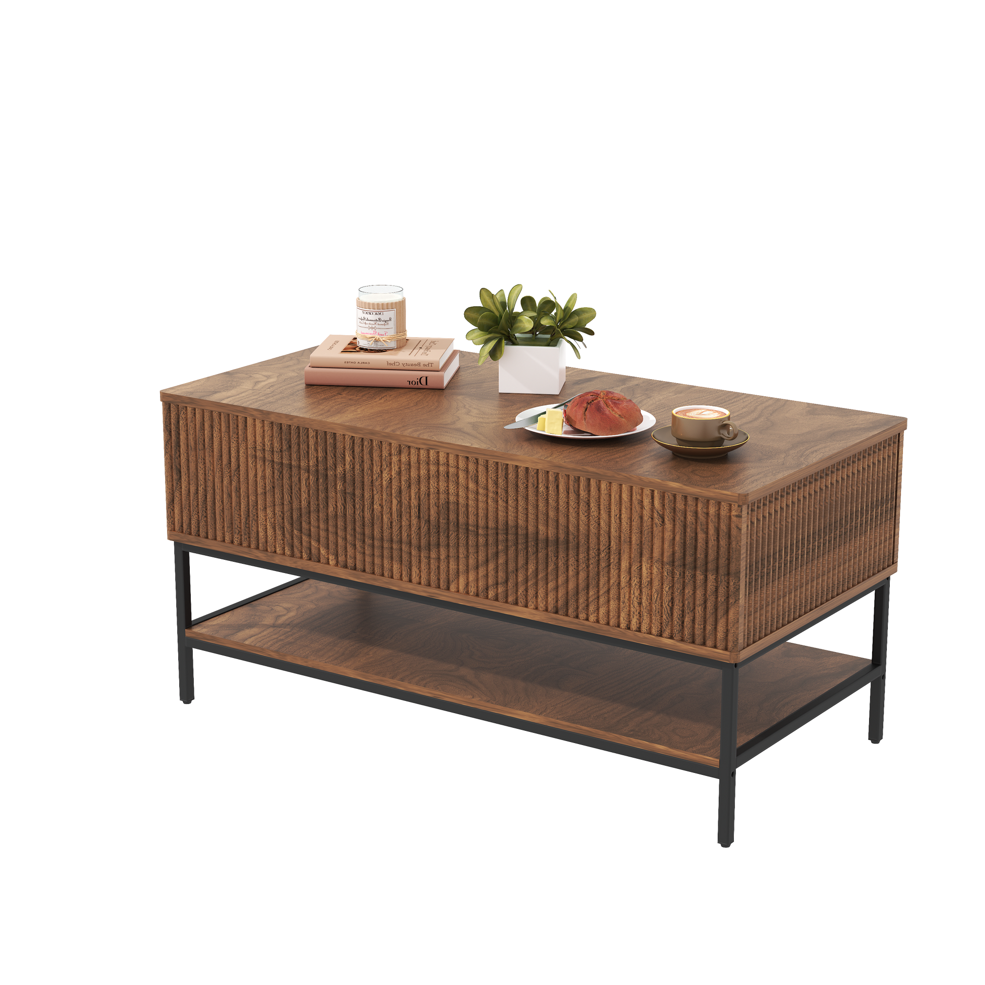 Vynxaria  40 Inch Lift Top Rectangle Coffee Table Farmhouse Rustic Brown Hidden Storage Lower Shelf Sturdy Steel Legs For Living Room