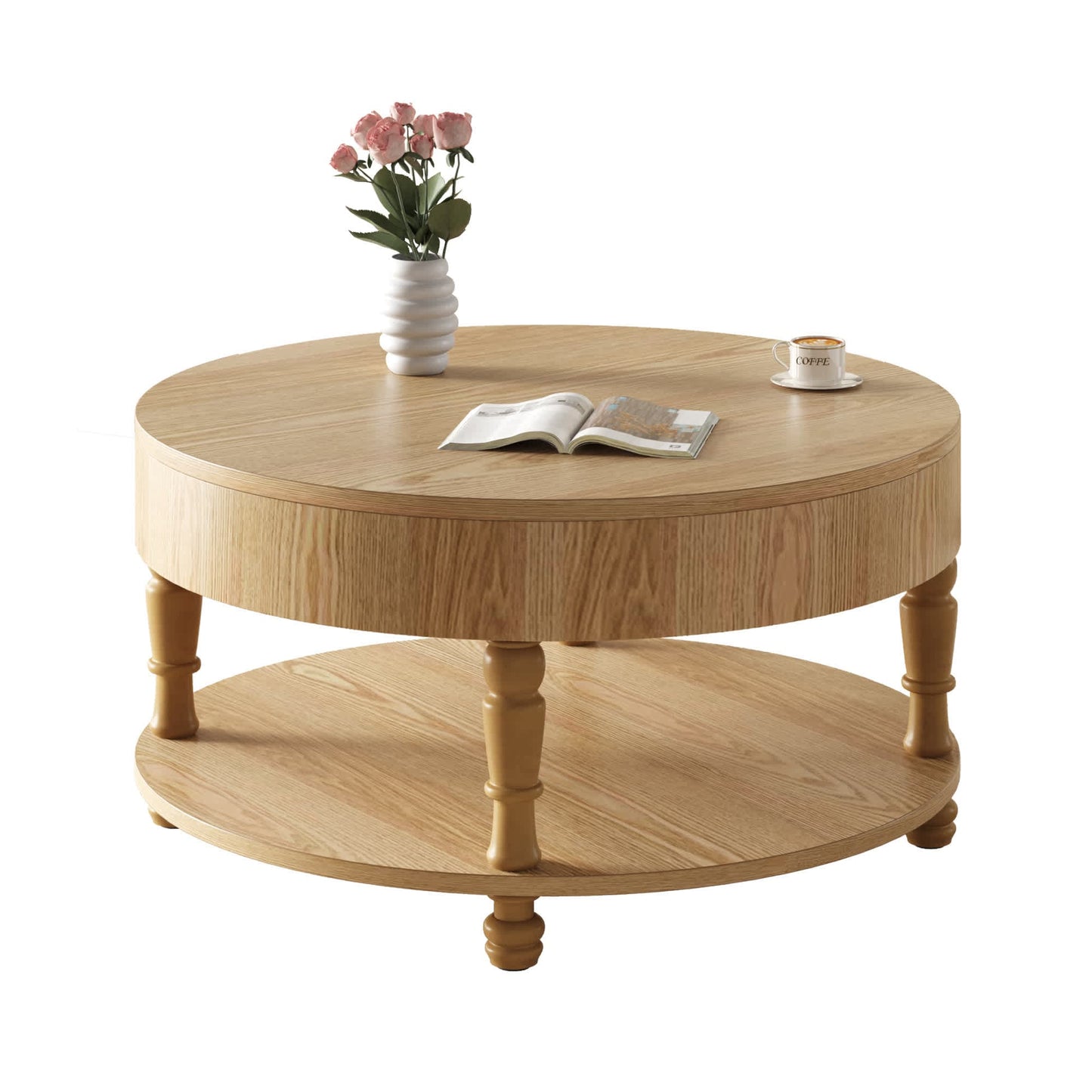 Vynxaria  32 Inch Modern Round Coffee Table Natural Wood Dual Storage Hidden Compartment Open Shelf Adjustable For Living Room