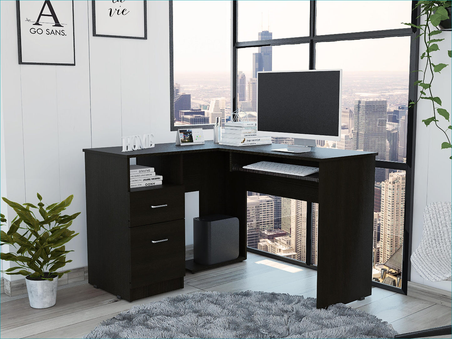 SunJet Desks Modern L Shaped with Left Return Retractable Keyboard Tray Two Drawers Open Shelf Black Particle Board