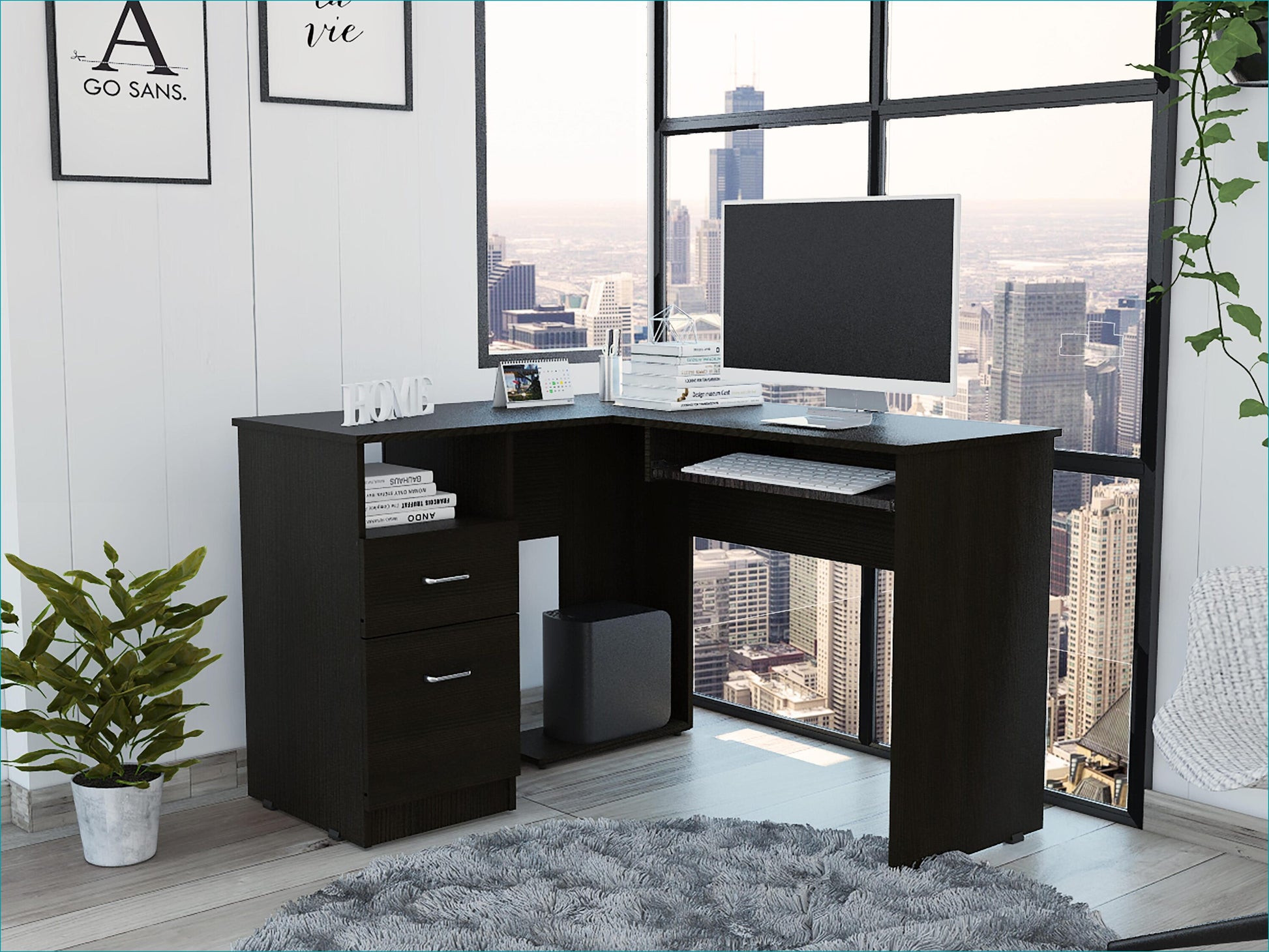 SunJet Desks Modern L Shaped with Left Return Retractable Keyboard Tray Two Drawers Open Shelf Black Particle Board