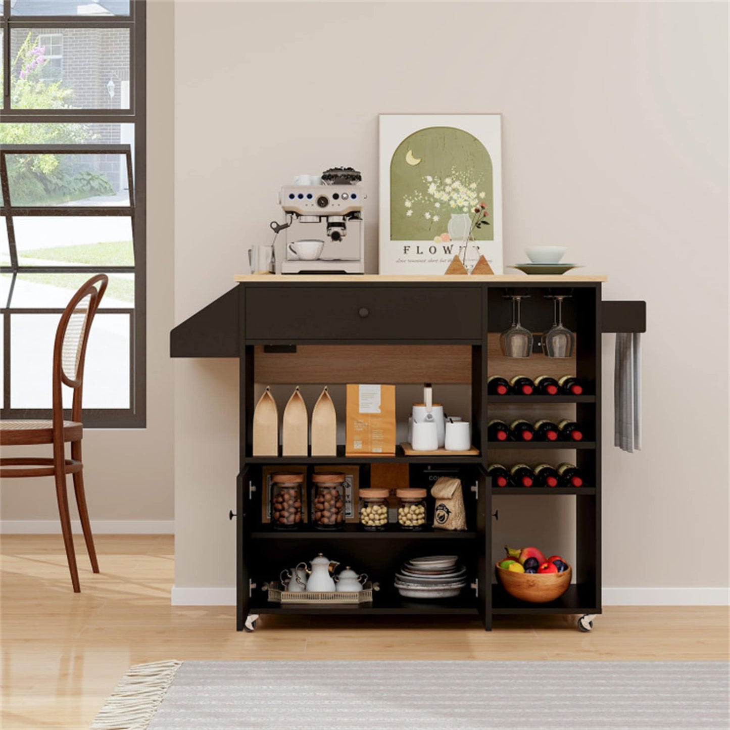 BABOOM Black MDF Base with MDF Rolling Kitchen Island ( 27-in x 51-in x 37-in )