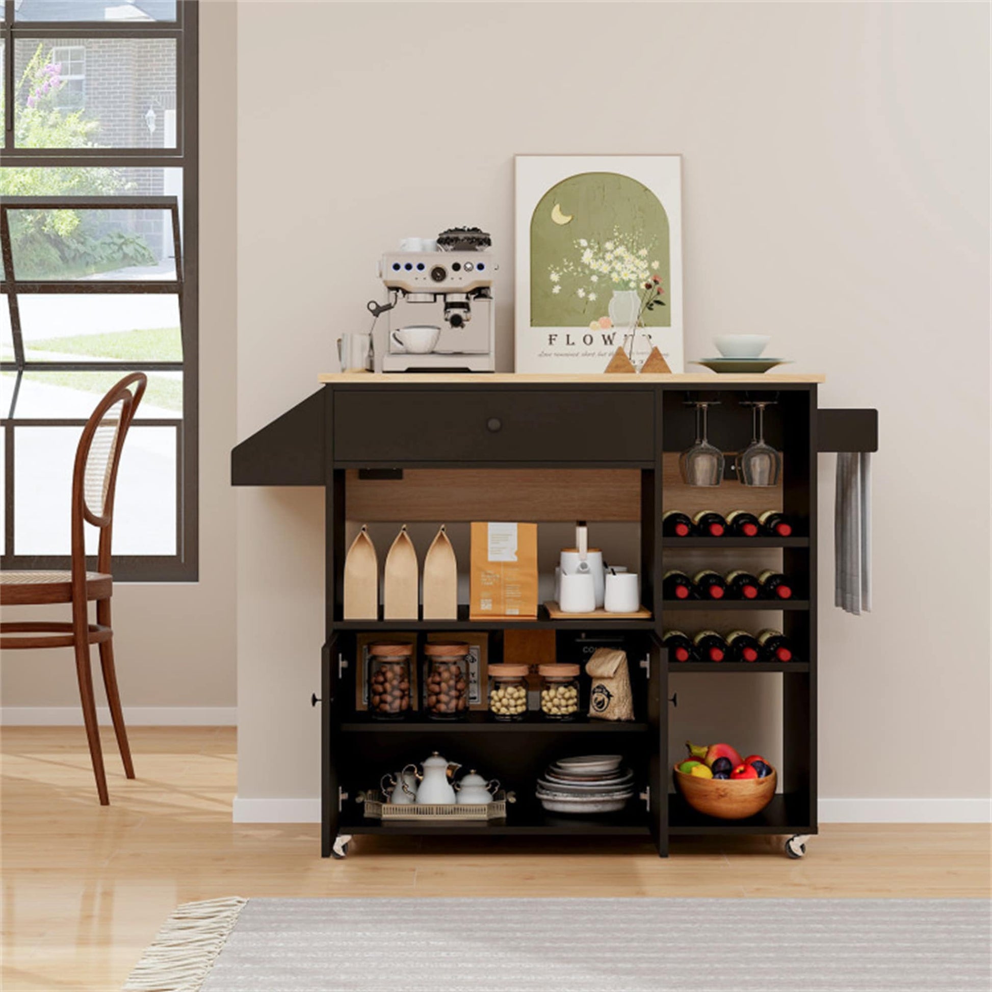 BABOOM Black MDF Base with MDF Rolling Kitchen Island ( 27-in x 51-in x 37-in )