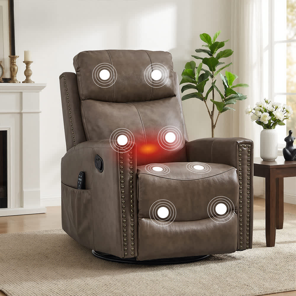 Coolbibila Brown Genuine Leather Recliner Chair with Massage Rocker Swivel and Manual Handle for Living Room