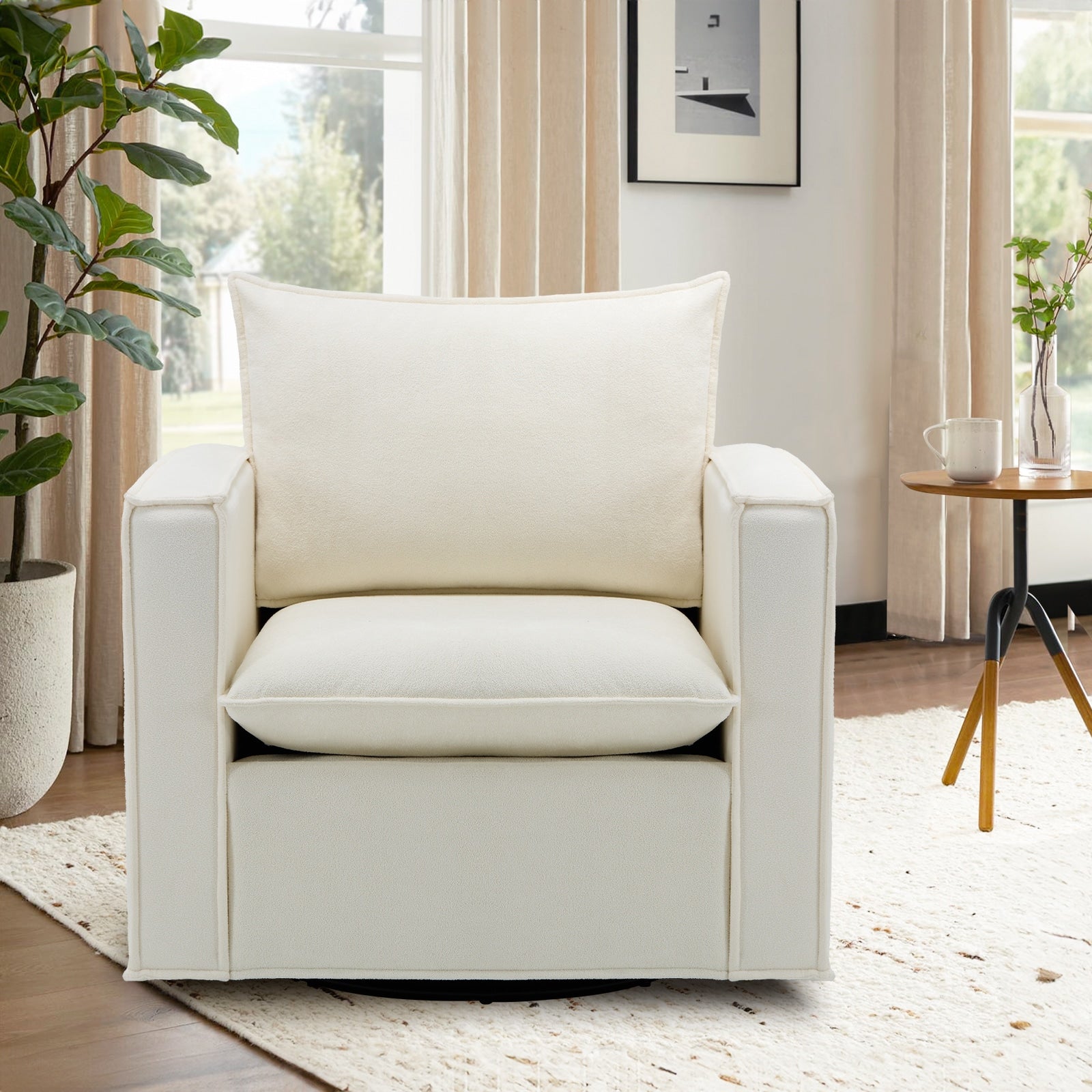 OOU Rotatable Single Sofa Chair Modern Living Room Accent Chair with Soft Cushion and Backrest Pillow Comfy Upholstered Lounge Seat Beige