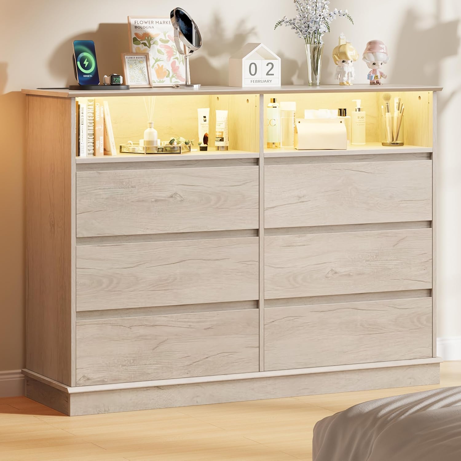 Garvee Dresser for Bedroom 6 Drawer Dresser with LED Lights and Charging Station Wide Chest of 6 Drawers with Open Space Modern Large Capacity Storage Cabinet Living Room Hallway Oak