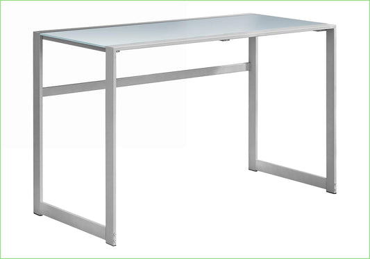 SunJet Desks 48 L Home Office Laptop Desk Modern Frosted White Glass Top Grey Metal Frame Silver Legs Tempered Glass