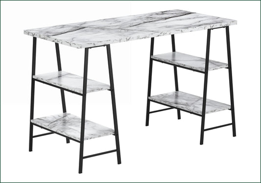 SunJet Desks Industrial 48 L Computer Desk with Storage Shelves White Marble Look Laminate Black Metal Frame White Metal