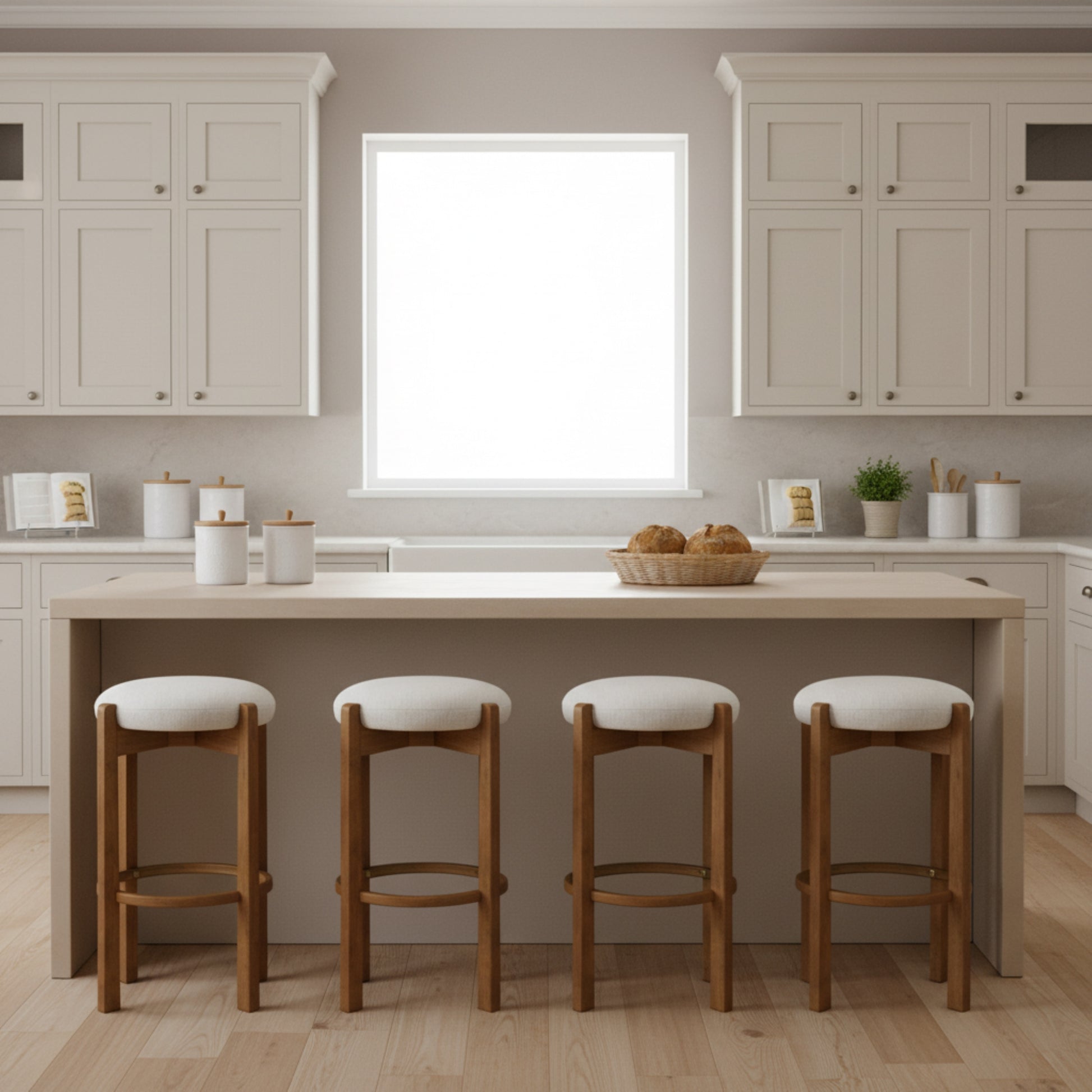 ModernLuxe Tara Indoor Wooden Upholstered Barstool  Walnut Finish and Ivory Upholstery  Set of 4