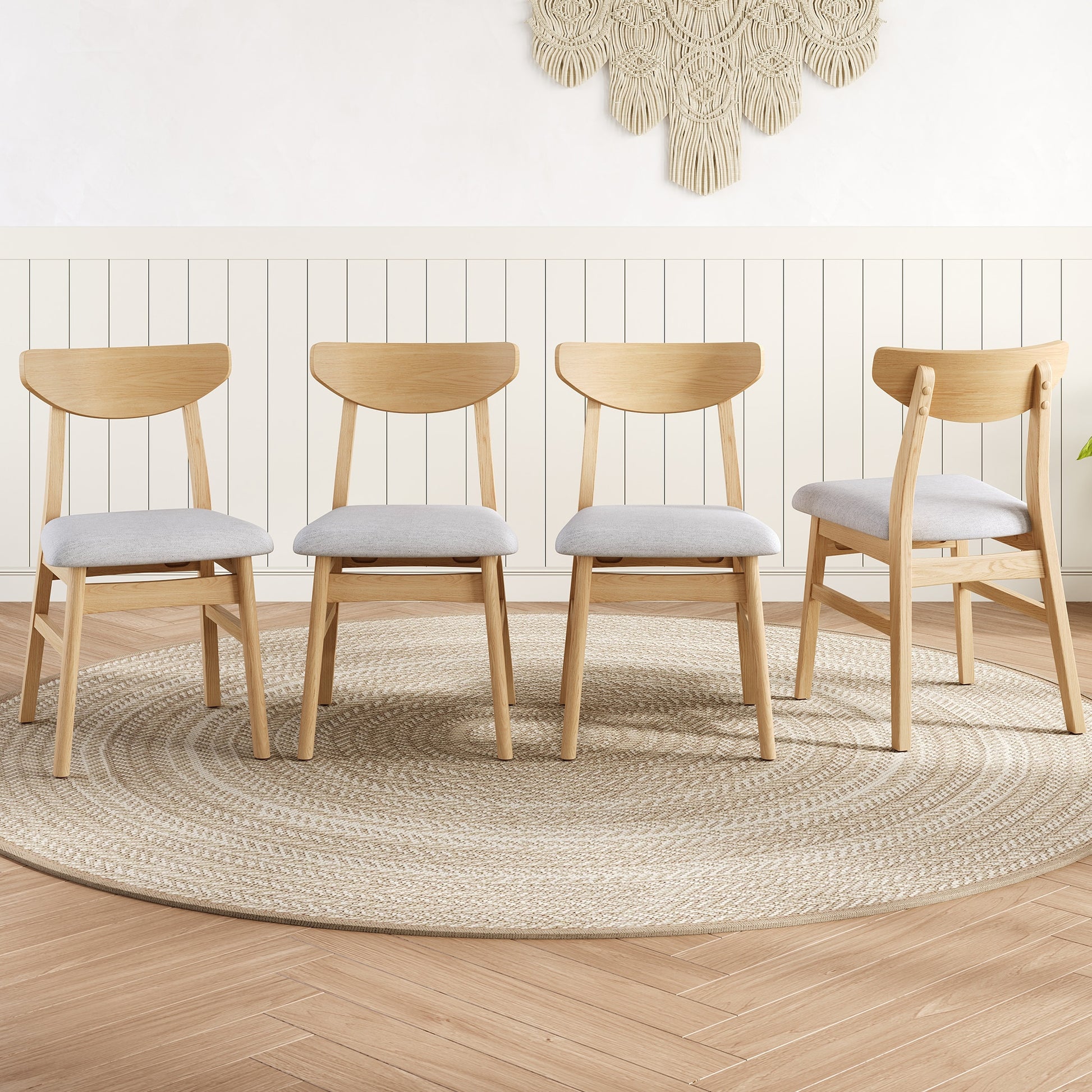 ModernLuxe 4 Piece Modern Scandinavian Chairs - Curved Wood Backrest   and  Gray Fabric Seat  Natural Finishes for Living Room  Dining Room  Easy to Assemble