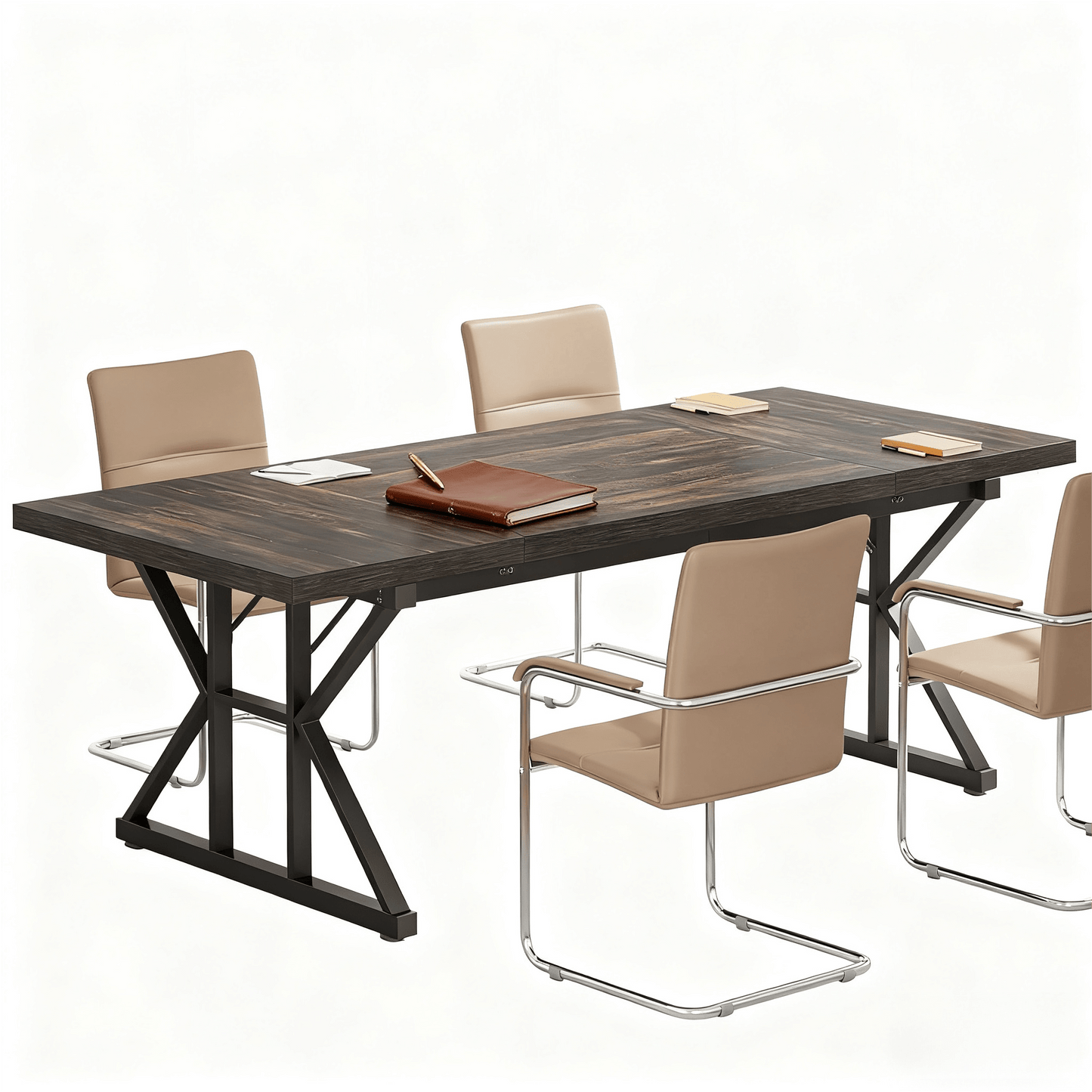 Vynxaria  Home Charm Series Modern Farmhouse Vintage Brown & White Thick Solid Wood 70 in Trestle Base Dining Table Seats 6