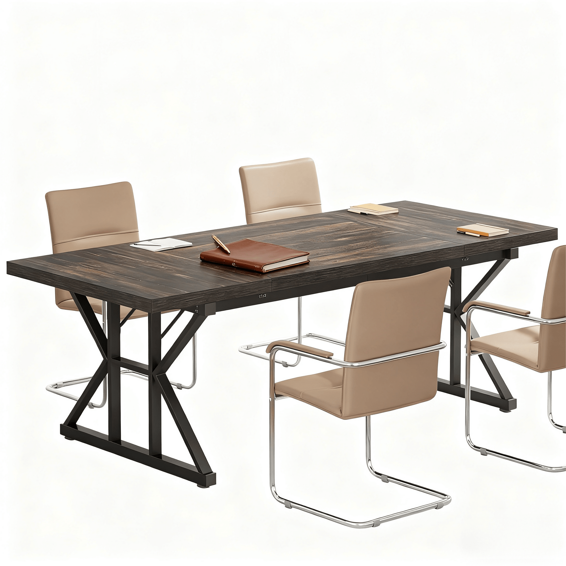 Vynxaria  Home Charm Series Modern Farmhouse Vintage Brown & White Thick Solid Wood 70 in Trestle Base Dining Table Seats 6