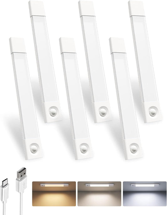 EZVALO  6 Pack Under Cabinet Lighting Wireless Closet Lights 50 LED Rechargeable Motion Sensor Light Dimmable 3 Color Temperatures Counter Lights for Kitchen Pantry Bedroom Wardrobe