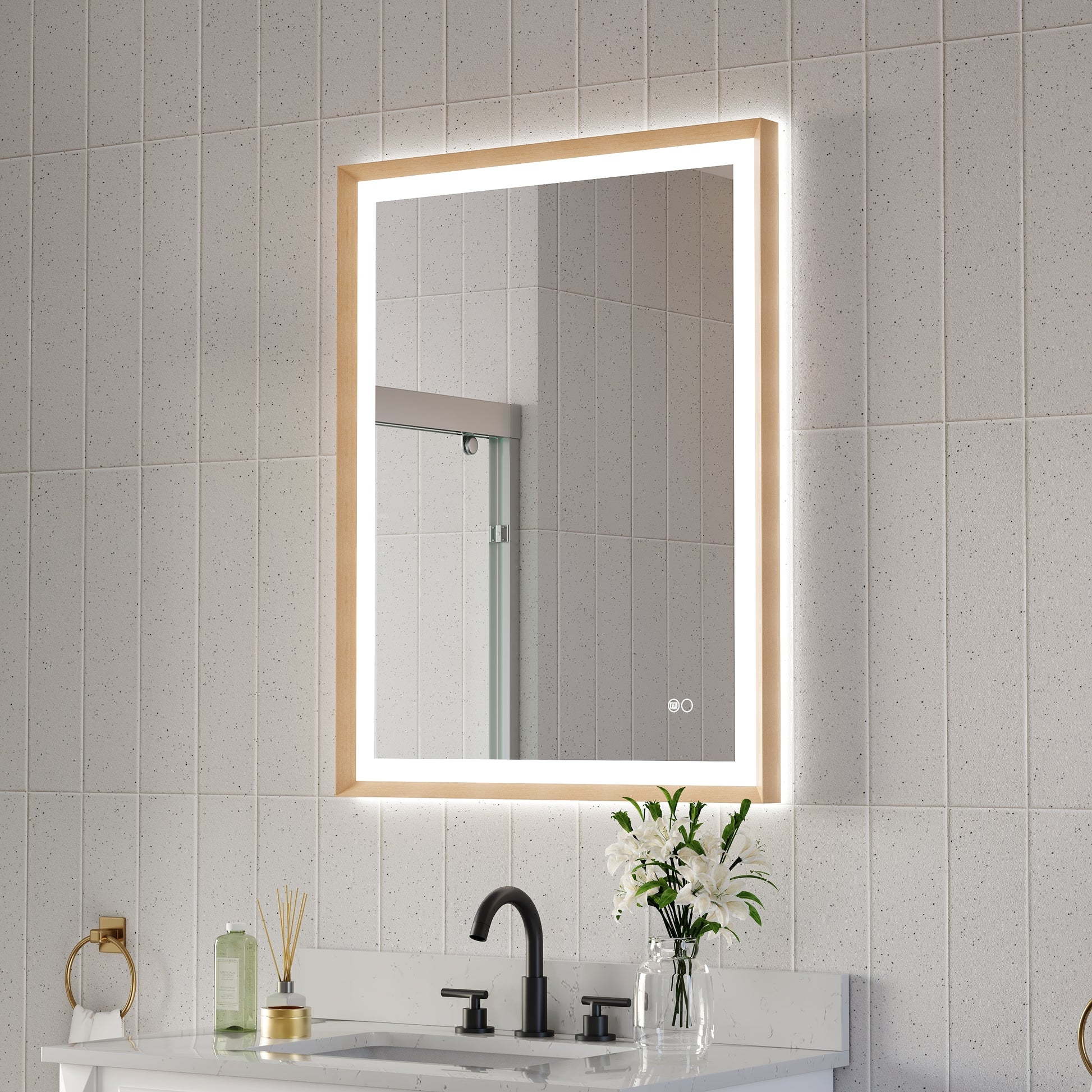 WELLFOR LUKY LED Framed Mirror 28-in x 36-in Framed Rectangle Dimmable LED Lighted Fog Free Bathroom Vanity Mirror ( Brushed Gold )