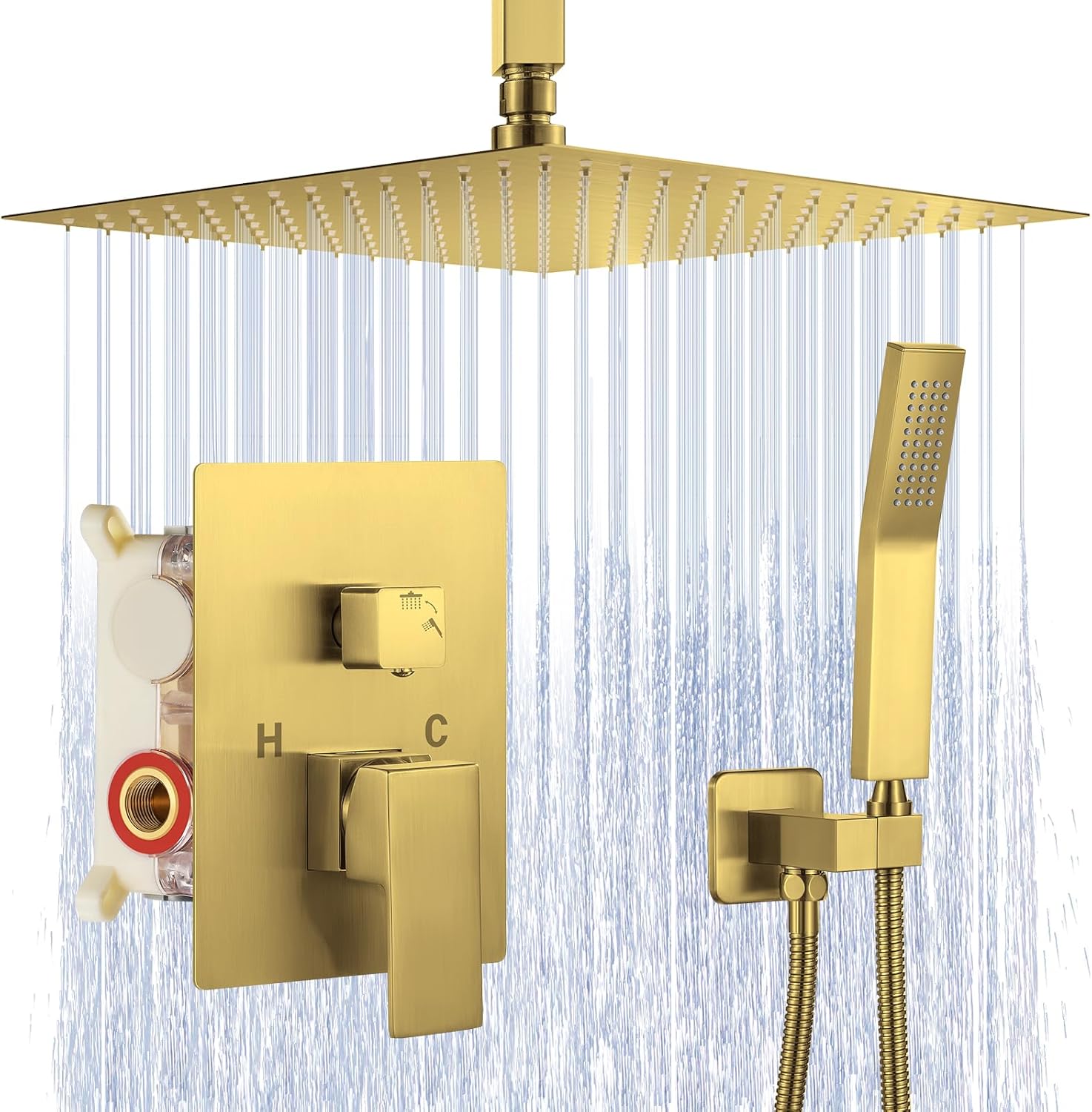 JOMEOO® 12 Inch Brushed Gold Shower System, Ceiling Mounted High Pressure Rain Shower Head with Handheld Sprayer, Bathroom Luxury Gold Shower Head Shower Faucet Set Rough in Valve Body and Trim