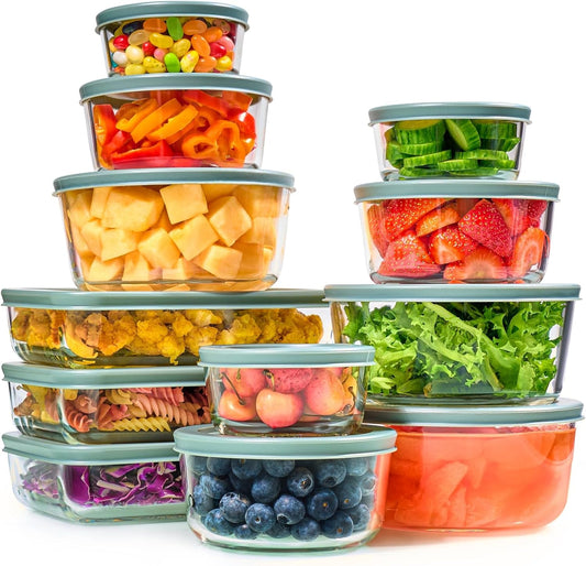 24pc Set Glass Food Storage Containers & Bowls with Airtight Lids - Leakproof BPA-Free Meal Prep Airtight Stackable Lunch Boxes, Kitchen Pantry & Storage Organizers - Microwave Freezer Dishwasher Safe