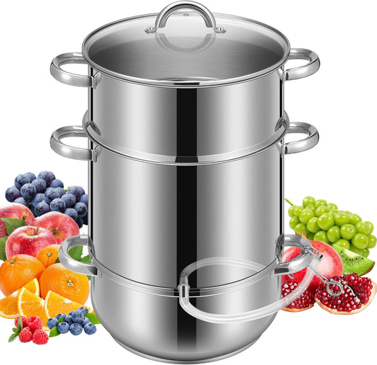 VIVOHOME Stainless Steel Steam Jucier Extractor Fruit Vegetables Juicer Steamer Pot 11 Qt with Tempered Glass Lid, 2 Hose, Clamp, Loop Handles