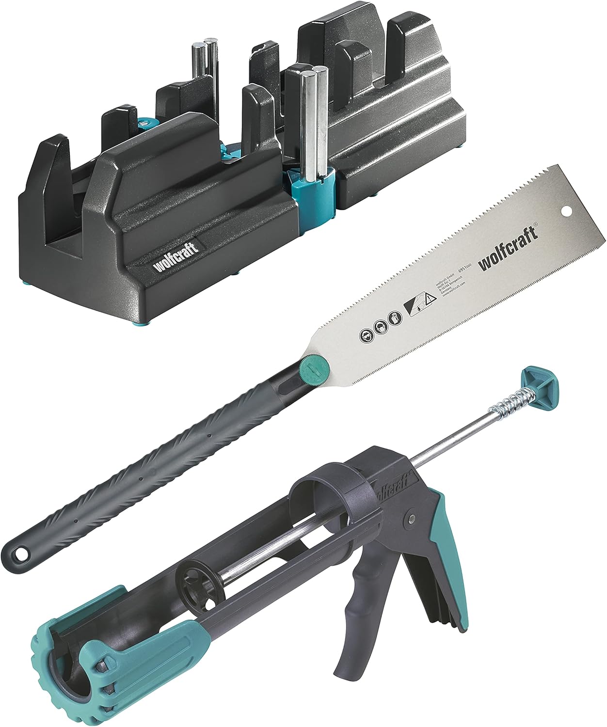 wolfcraft “Attaching Skirting Boards” Success Kit I 6977000 I Complete Set consisting of Bevel and mitre Box, Japanese Saw and MG 200 caulking Gun