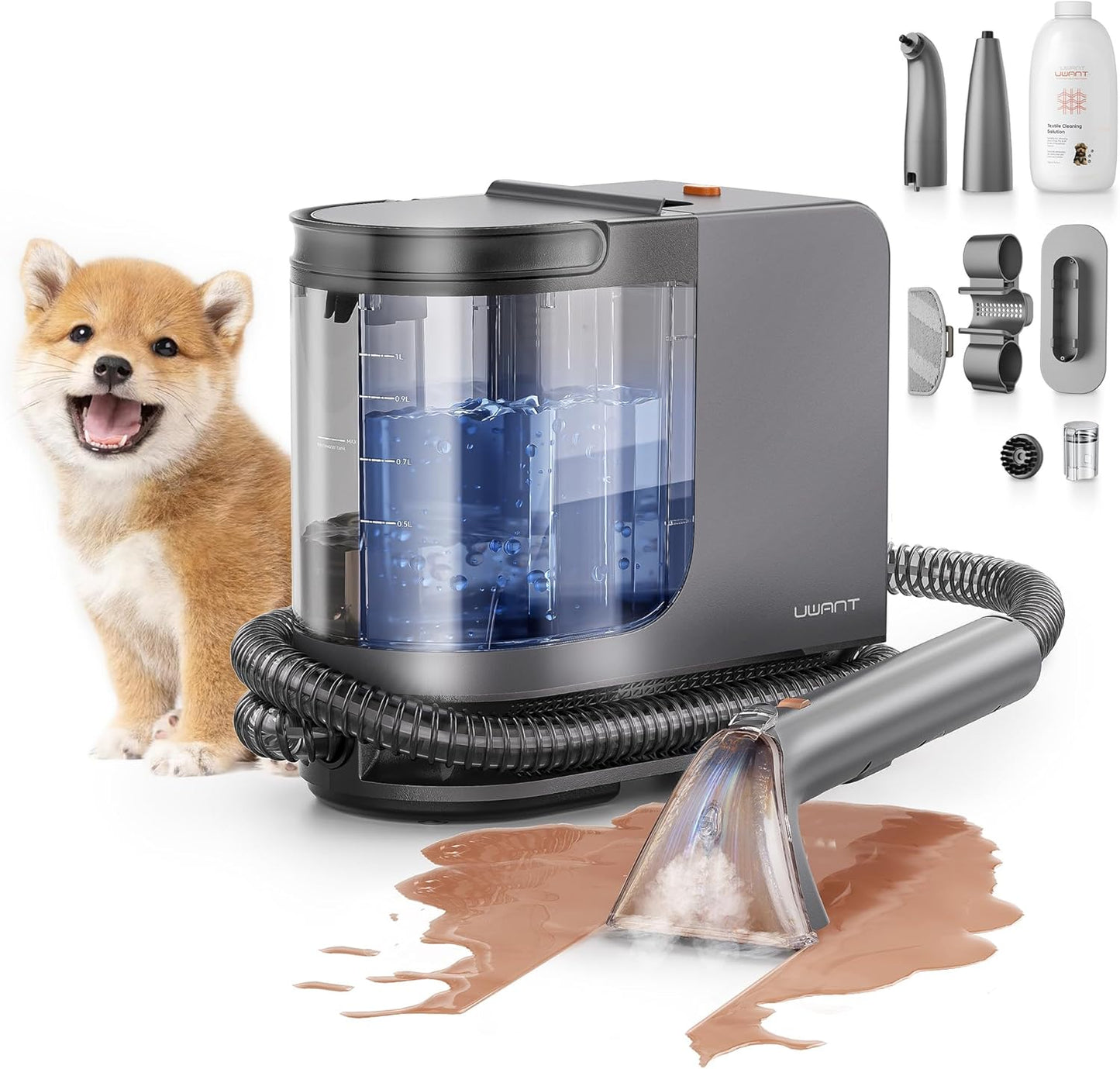 uwant Portable Carpet Cleaner with Steam& Heating System 18Kpa Powerful Suction Carpet Cleaner with 4 Cleaning Tools& Solution 2 in 1 Upholstery Cleaner Steam Cleaner for Pets, Car